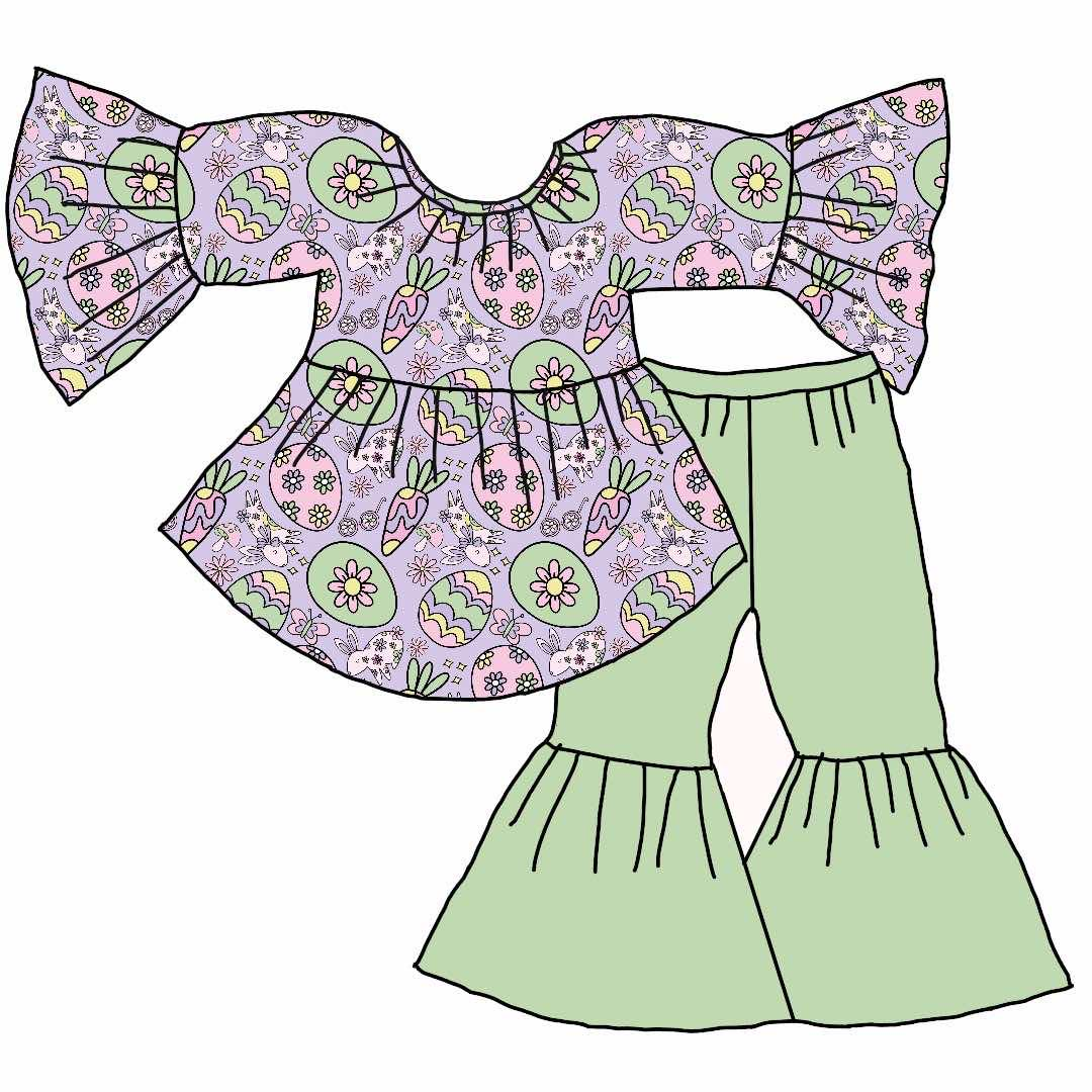 (Custom Design Preorder MOQ 5) Bunny Eggs Flowers Tunic Top Green Bell Pants Girls Easter Clothes Set