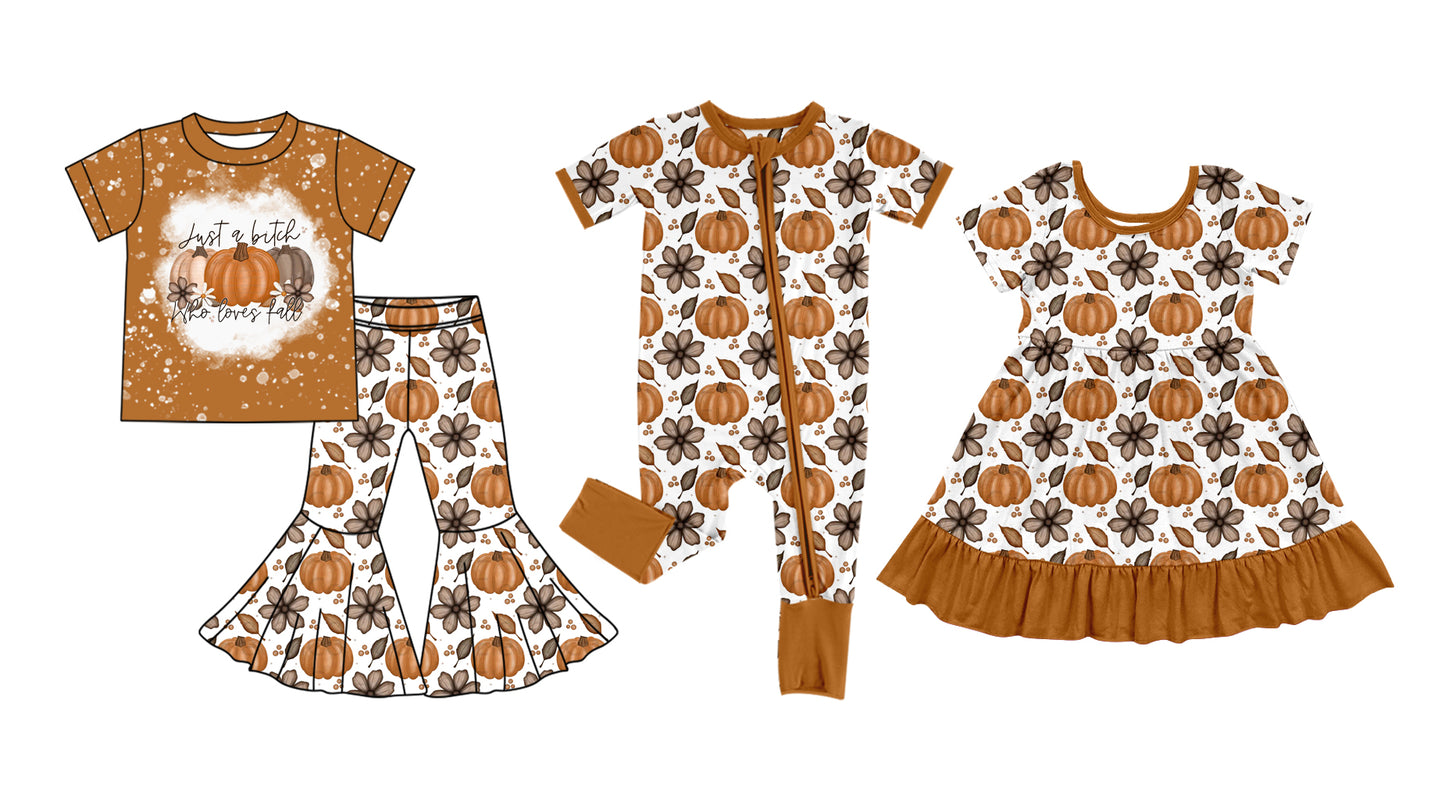 5.5(Custom Design Preorder MOQ 5 Each Design) Pumpkin Flowers Print Girls Fall Matching Clothes Sisters Wear