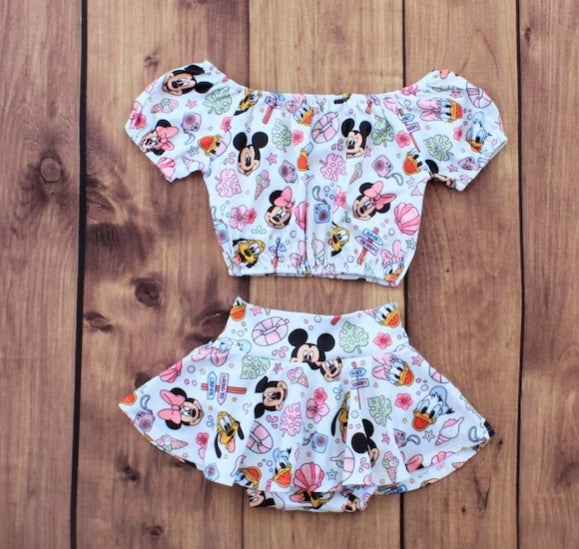 (Custom Design Preorder MOQ 5) Cartoon Mouse Print Baby Girls Summer Bummie Set