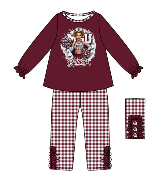 (Custom Design Preorder MOQ 5) Team's Bulldogs Cheer Top Plaid Pants Girls Fall Clothes Set