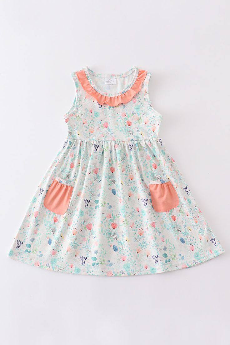 (Custom Design Preorder MOQ 5) Flowers Print Pocktes Girls Summer Knee Length Dress