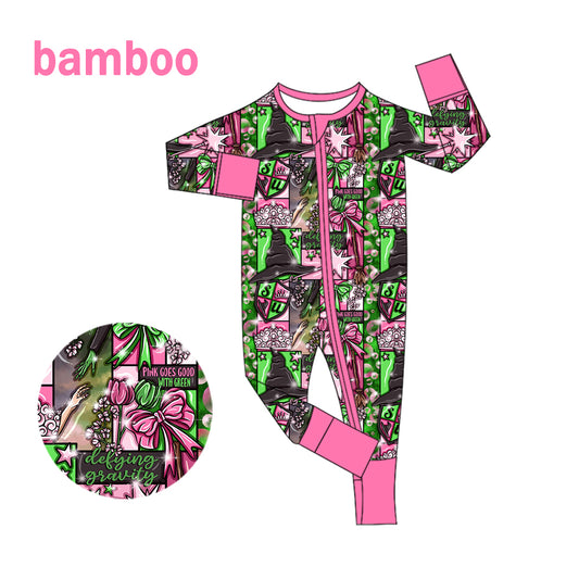 (Custom Design Preorder MOQ 5) Witch Pink Green Print Baby Girls Halloween Long Sleeve Bamboo Sleeper Zipper Romper