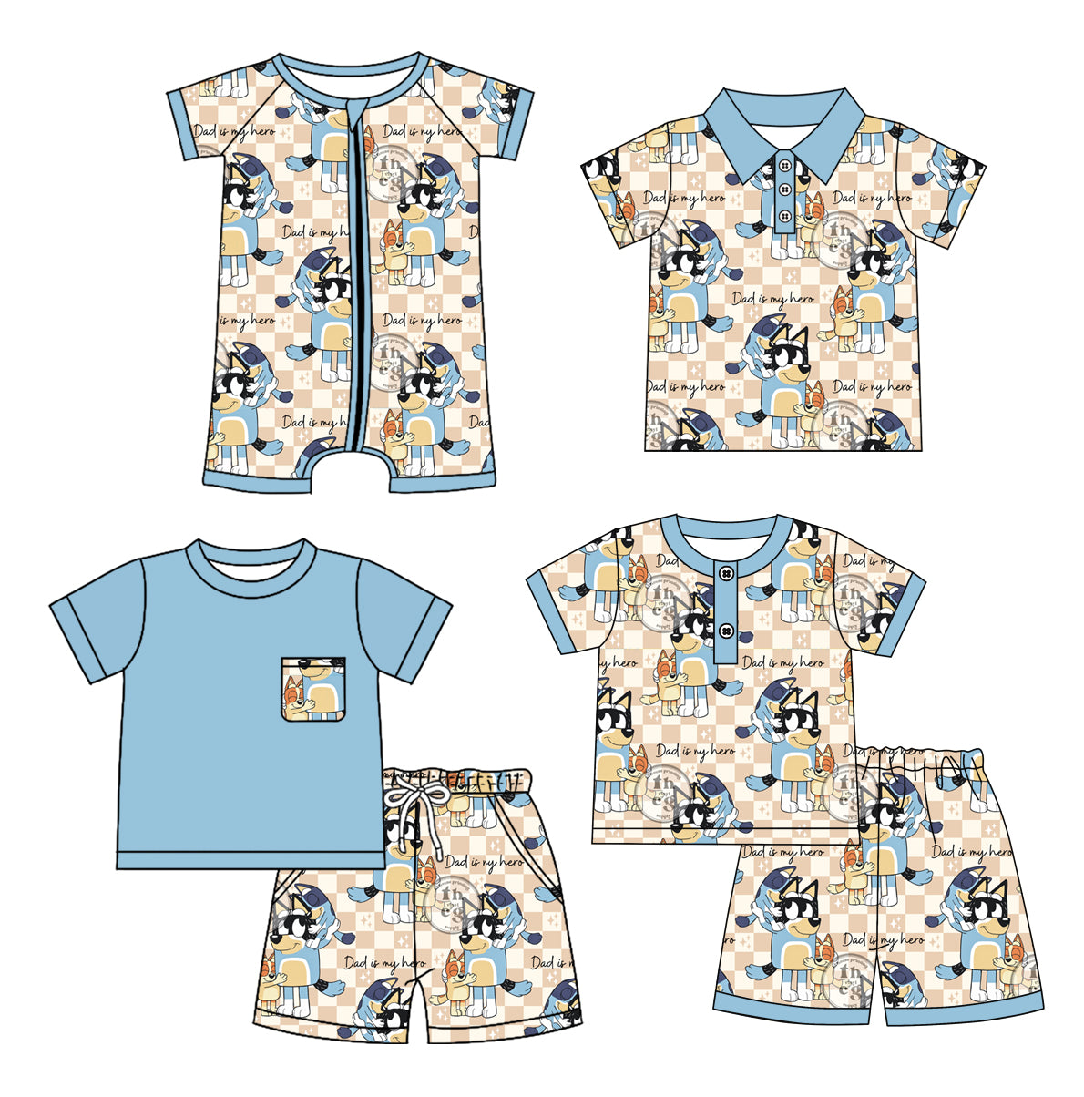 1.4(Custom Design Preorder MOQ 5 Each Design) Cartoon Dog Plaid Print Boys Summer Matching Clothes Brothers Wear