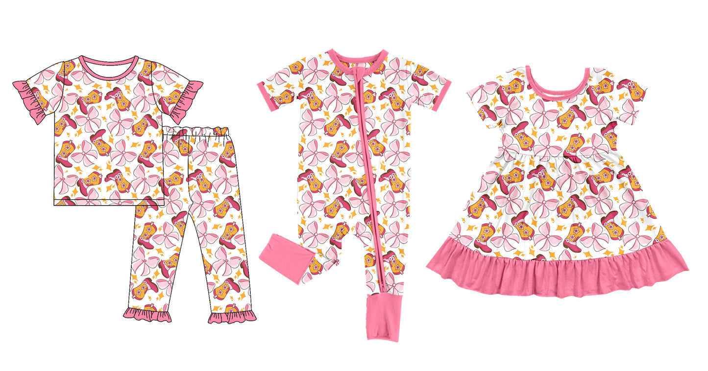 5.22(Custom Design Preorder MOQ 5 Each Design) Boots Bows Print Girls Western Matching Clothes Sisters Wear