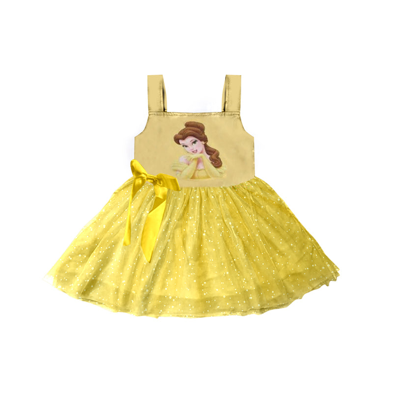 (Custom Design Preorder MOQ 5) Cartoon Princess Yellow Print Girls Knee Length Summer Tulle Dress