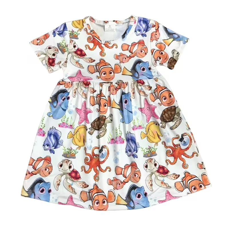 (Custom Design Preorder MOQ 5) Cartoon Fish Print Girls Knee Length Dress