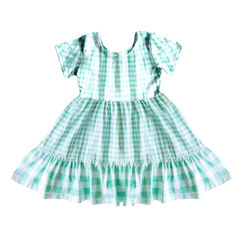 (Custom Design Preorder MOQ 5) Green Plaid Print Girls Knee Length Summer Dress