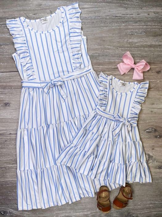 (Custom Design Preorder MOQ 5) Blue Stripes Print Girls Summer Knee Length Dress