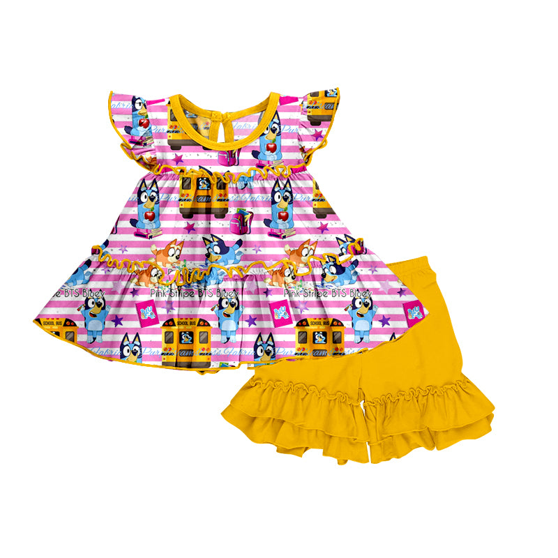 (Custom Design Preorder MOQ 5) Cartoon Dog School Bus Tunic Top Yellow Shorts Girls Back to School Clothes Set