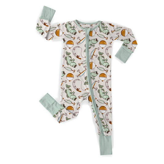 (Custom Design Preorder MOQ20)  Fishing Print Baby Boys Fall Bamboo Sleeper Zipper Romper