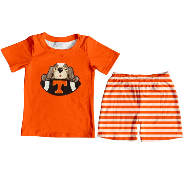 (Custom Design Preorder MOQ 5) Team's Dog Orange Top Stripes Shorts Boys Clothes Set