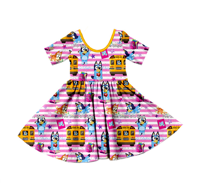 (Custom Design Preorder MOQ 5) Cartoon Dog School Bus Print Girls Back to School Knee Length Dress