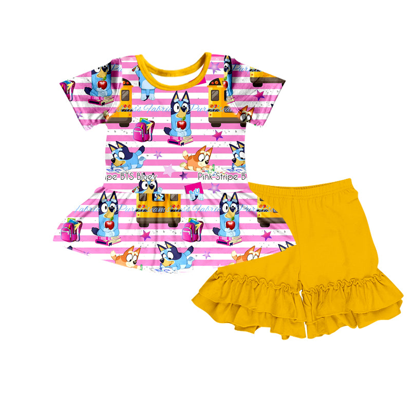 (Custom Design Preorder MOQ 5) Cartoon Dog School Bus Print Top Yellow Shorts Girls Back to School Clothes Set