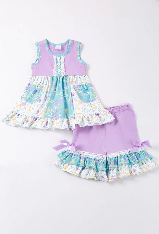 (Custom Design Preorder MOQ 5) Purple Flowers Print Pockets Tunic Top Girls Summer Clothes Set