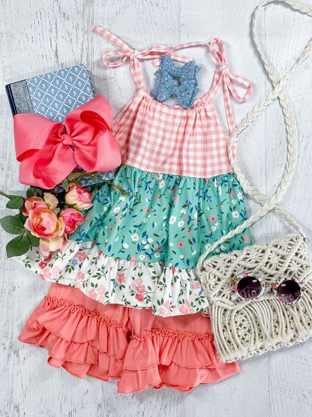 (Custom Design Preorder MOQ 5) Flowers Print Strap Tunic Top Ruffles Shorts Girls Summer Clothes Set