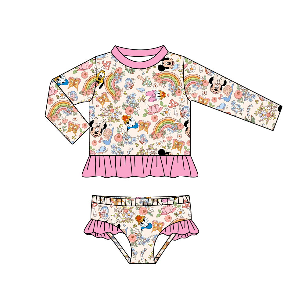 (Custom Design Preorder MOQ 5) Cartoon Animals Flowers Print Girls 2 Pieces Long Sleeve Swimsuits