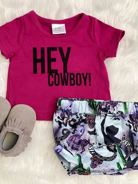 (Custom Design Preorder MOQ 5) HEY COWBOY Print Baby Girls Summer Bummie Set