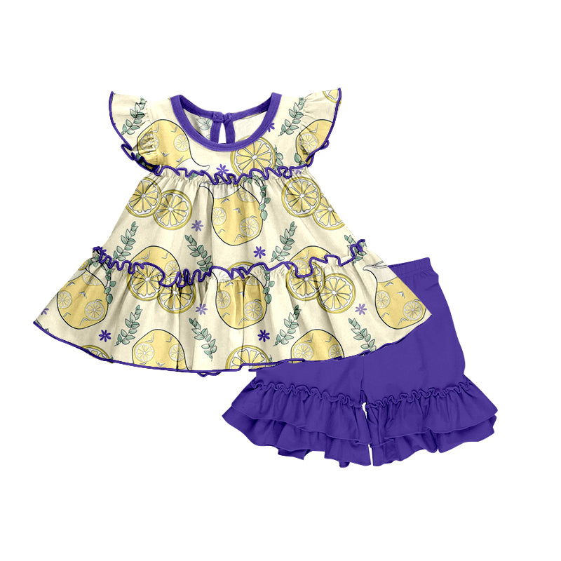 (Custom Design Preorder MOQ 5) Lemon Tunic Top Purple Shorts Girls Summer Clothes Set