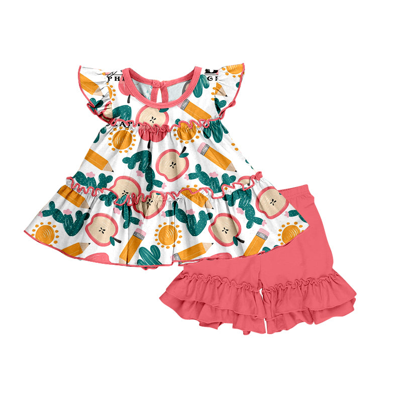 (Custom Design Preorder MOQ 5) Appel Cactus Pen Tunic Top Ruffles Shorts Girls Back to School Clothes Set