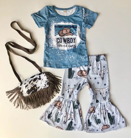 (Custom Design Preorder MOQ 5) COWBOY Hat Cow Skull Print Girls Western Clothes Set