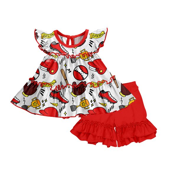 (Custom Design Preorder MOQ 5) Baseball Tunic Top Red Shorts Girls Summer Clothes Set