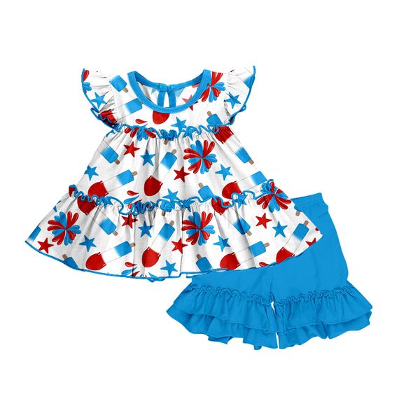 (Custom Design Preorder MOQ 5) Popsicle Stars Tunic Top Blue Shorts Girls 4th of July Clothes Set