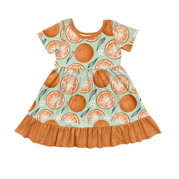 (Custom Design Preorder MOQ 5) Orange Print Girls Knee Length Summer Dress