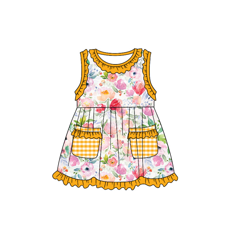 (Custom Design Preorder MOQ 5) Mustard Flowers Print Pockets Girls Knee Length Summer Dress