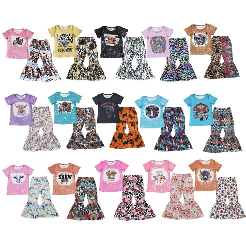 8 Colors Highland Cow Western Print Bell Pants Girls Clothes Set