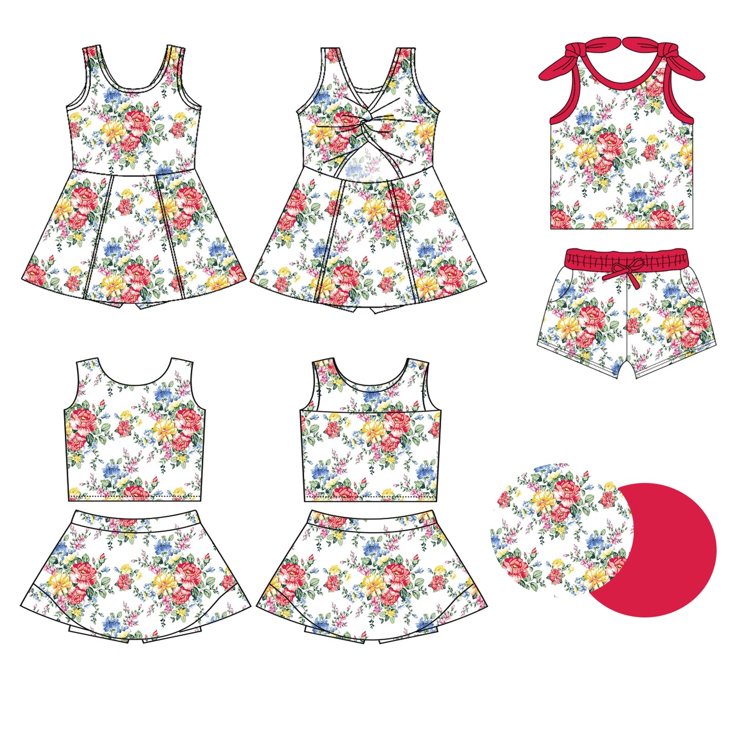 3.5(Custom Design Preorder MOQ 5 Each Design) Colorful Flowers Print Girls Summer Matching Clothes Sisters Wear