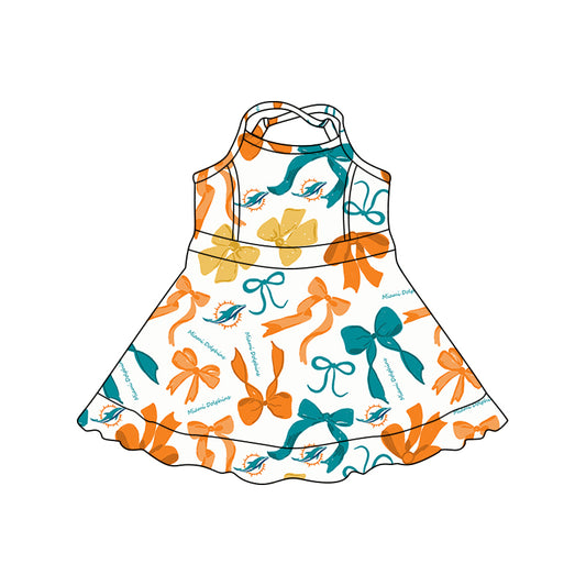 (Custom Design Preorder MOQ 5) Team's Miami Dolphins Bows Print Shorts Girls Summer Yoga Dress