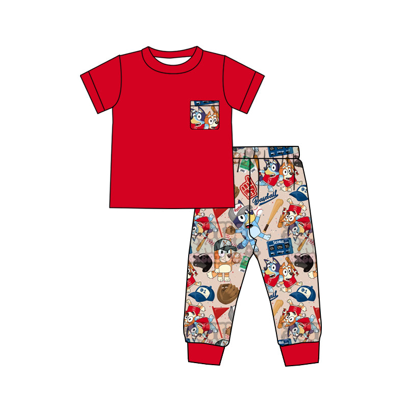 (Custom Design Preorder MOQ 5) Red Pocket Top Cartoon Dog Baseball Pants Boys Clothes Set