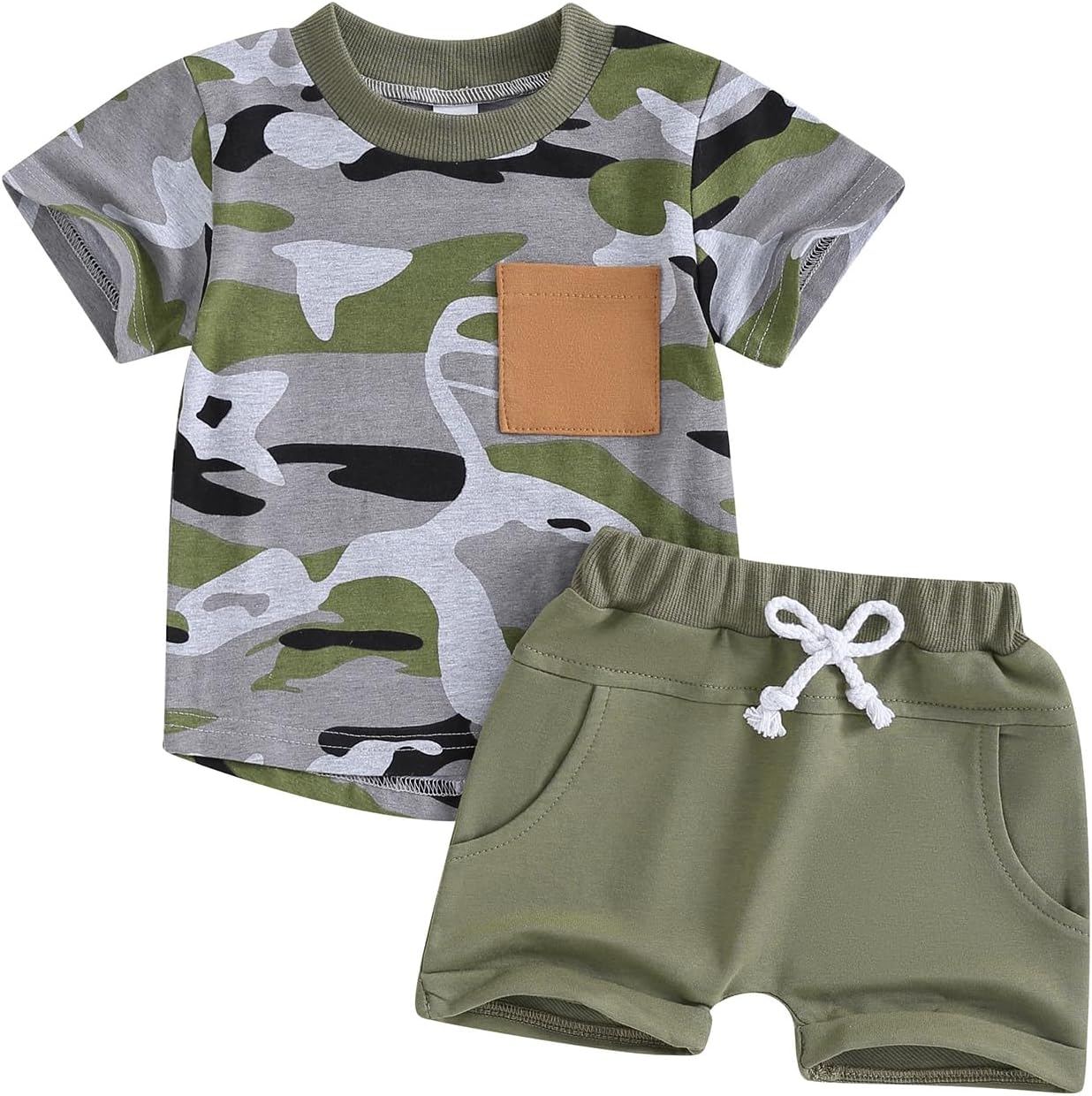 (Custom Design Preorder MOQ 5) Camo Print Pocket Top Shorts Boys Summer Clothes Set