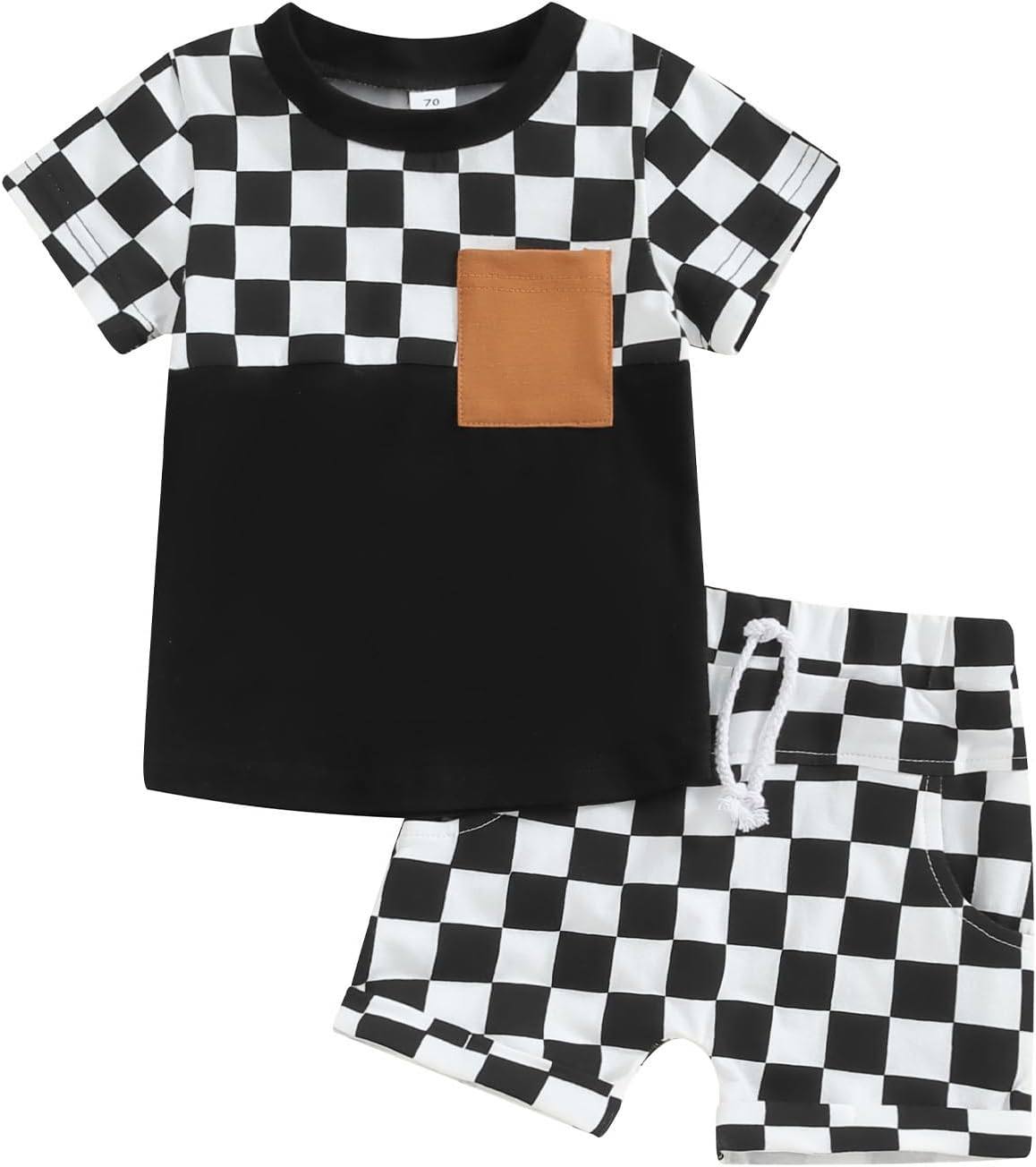(Custom Design Preorder MOQ 5) Pocket Top Black Plaid Shorts Boys Summer Clothes Set