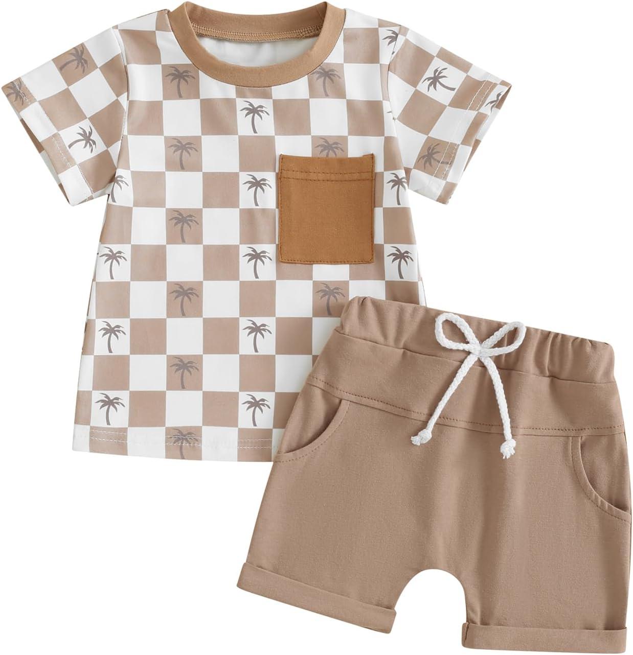 (Custom Design Preorder MOQ 5) Coconut Tree Plaid Print Pocket Top Shorts Boys Summer Clothes Set