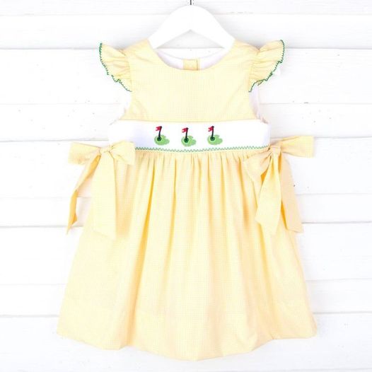 (Custom Design Preorder MOQ 5) Yellow Hole in One Print Girls Knee Length Summer Dress