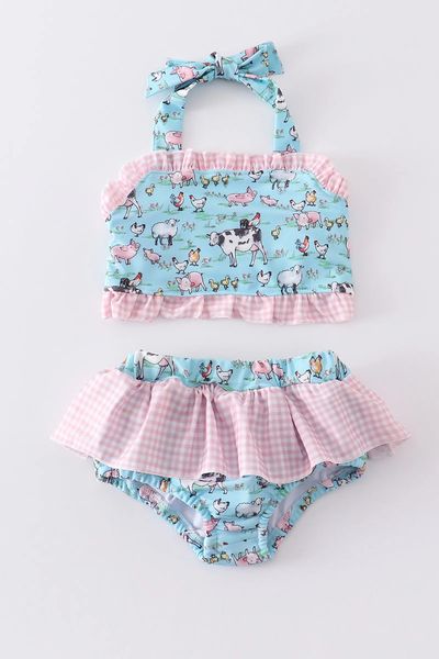 (Custom Design Preorder MOQ 5) Farm Animals Print Girls 2 Pieces Swimsuits