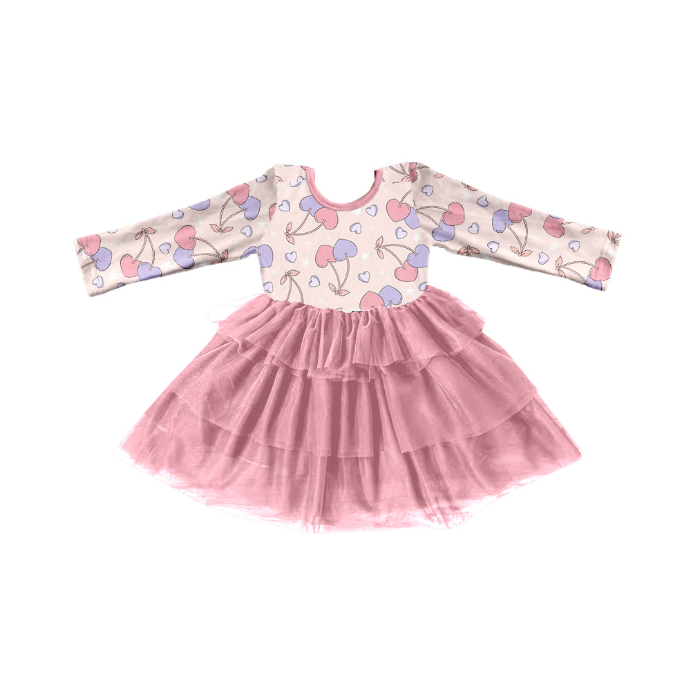 (Custom Design Preorder MOQ 5) Cherry Heart Print Girls Valentine's Knee Length Tulle Dress