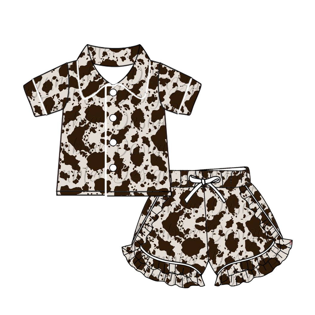 (Custom Design Preorder MOQ 5) Cowhide Dark Brown Print Girls Summer Western Pajamas Clothes Set