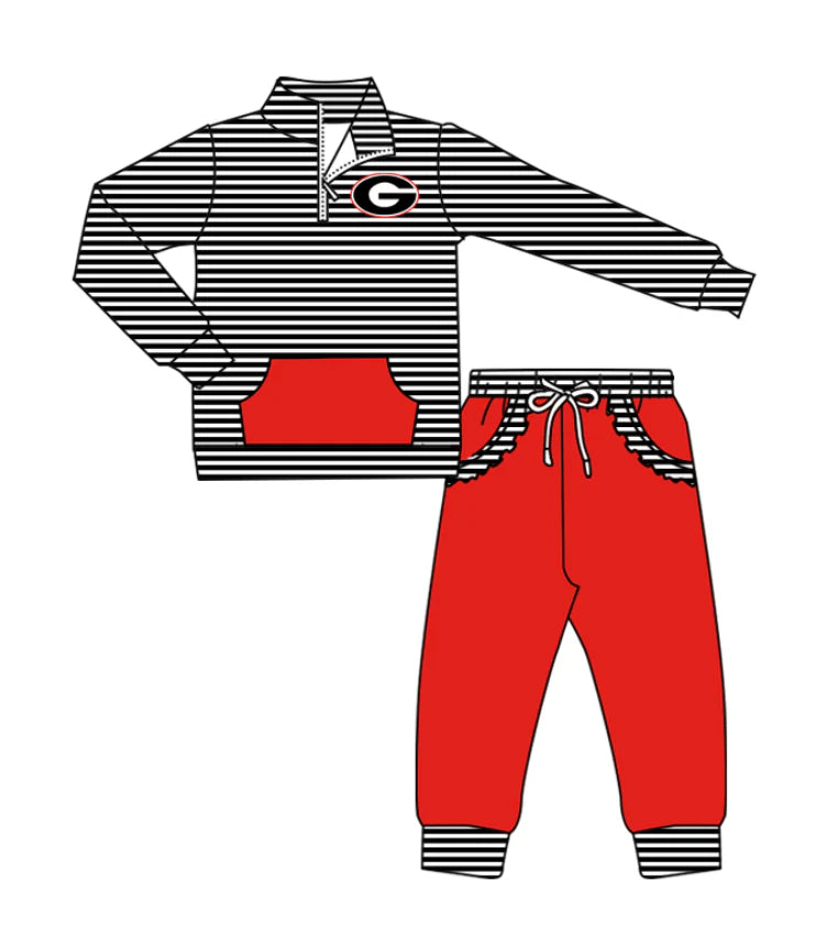 (Custom Design Preorder MOQ 5) Team's Georgia Stripes Zipper Top Pockets Pants Girls Clothes Set