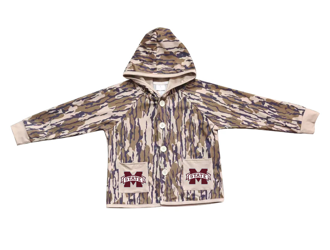 (Custom Design Preorder MOQ 5 Each Item) Team's Mississippi State Camo Print Pockets Buttons Kids Fall Hoodie Jackets Top Mom and Me Matching Clothes