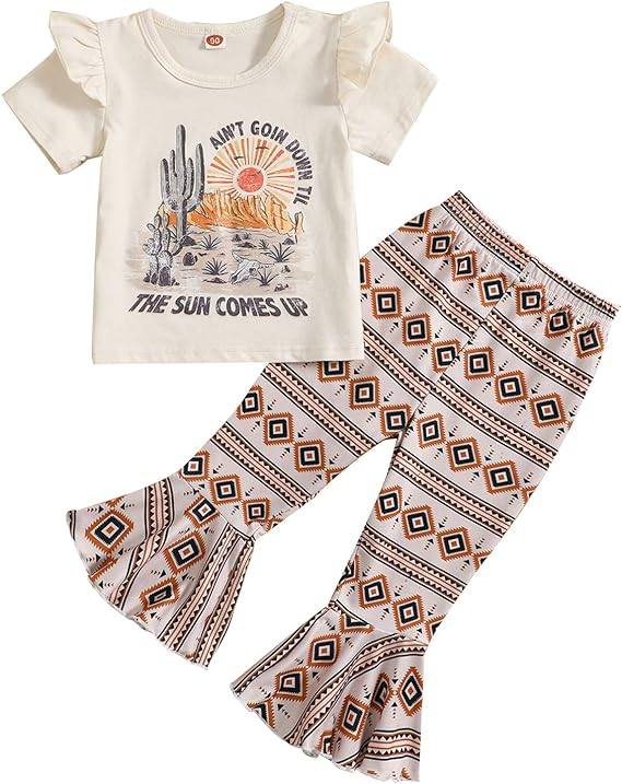 (Custom Design Preorder MOQ 5) The Sun Comes Up Print Girls Bell Pants Western Clothes Set