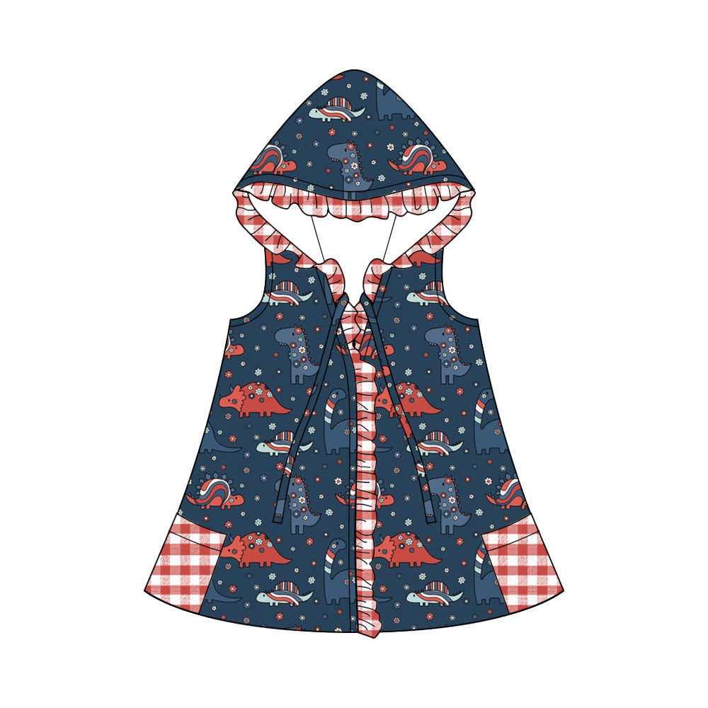 (Custom Design Preorder MOQ 5) Dino Flowers Print Girls 4th of July Hooded Swimming Coverup