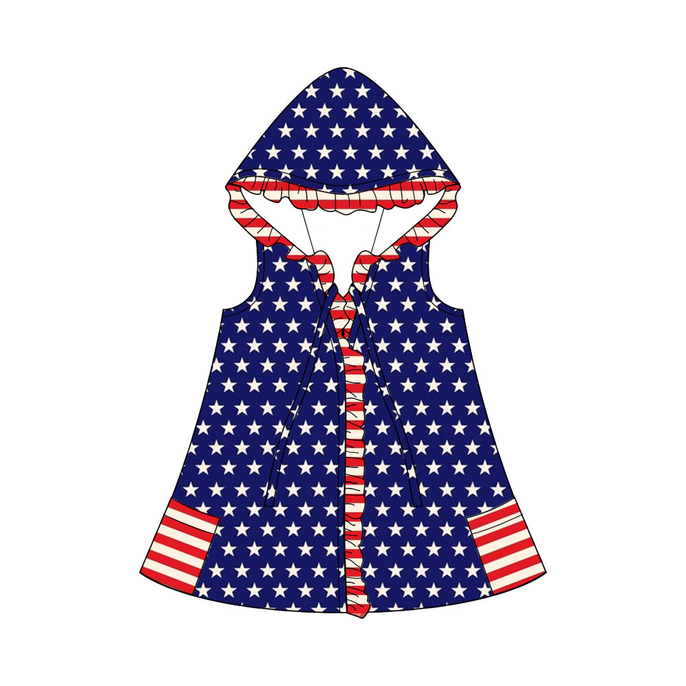 (Custom Design Preorder MOQ 5) Stars Print Girls 4th of July Hooded Swimming Coverup