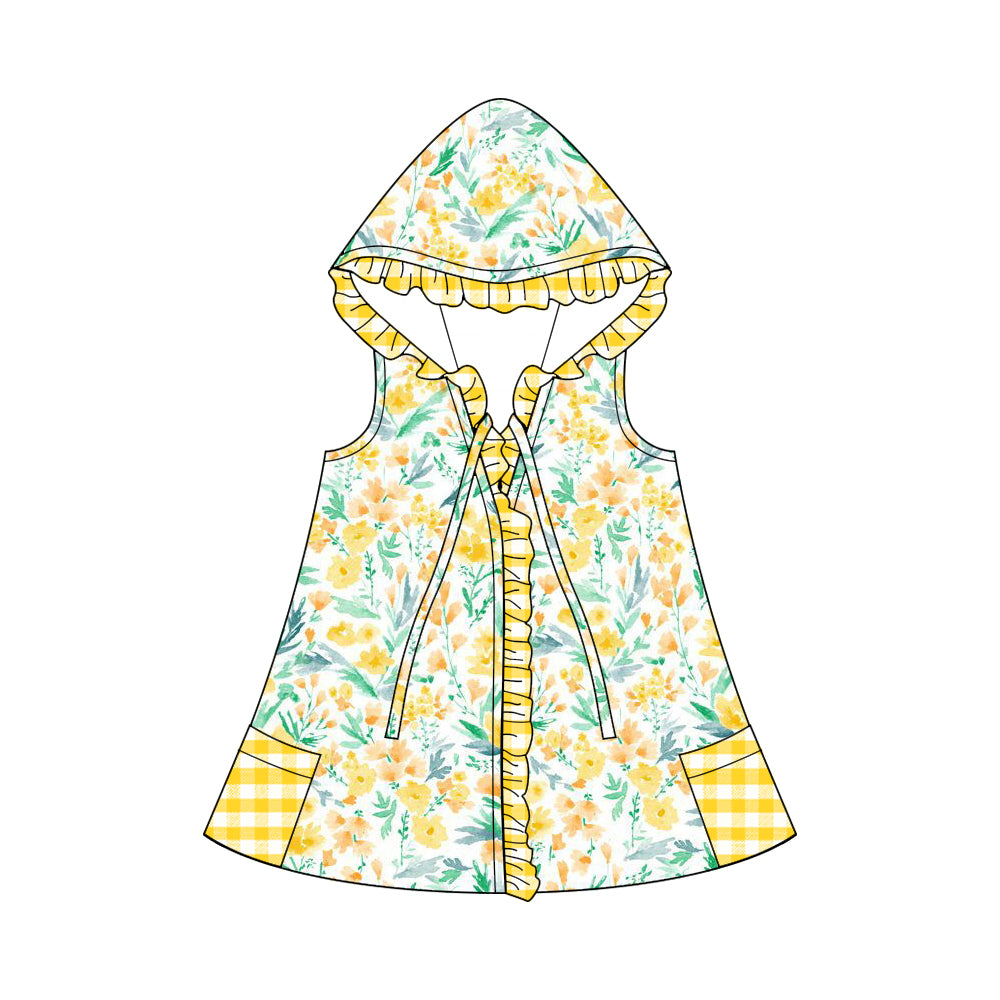 (Custom Design Preorder MOQ 5) Yellow Flowers Print Girls Hooded Swimming Coverup