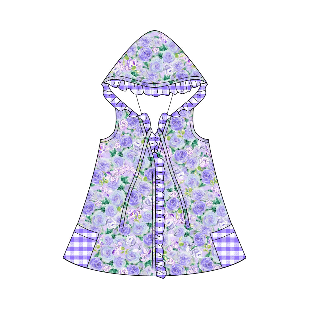 (Custom Design Preorder MOQ 5) Purple Flowers Print Girls Hooded Swimming Coverup
