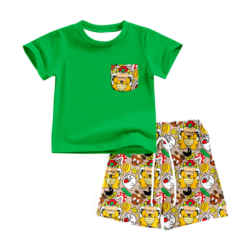 (Custom Design Preorder MOQ 5) Green Pocket Top Cartoon Super Games Shorts Boys Summer Clothes Set