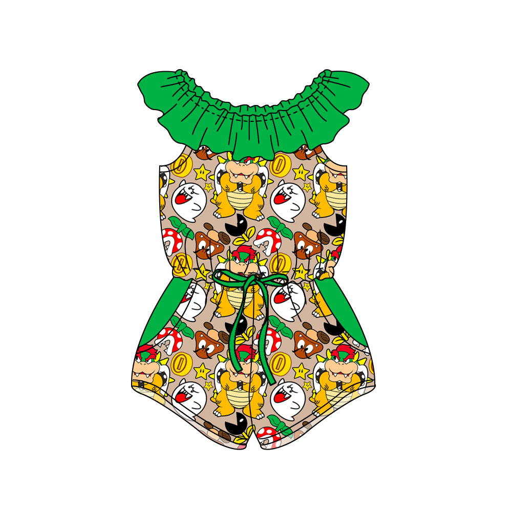 (Custom Design Preorder MOQ 5) Cartoon Super Games Print Pockets Girls Summer Jumpsuits