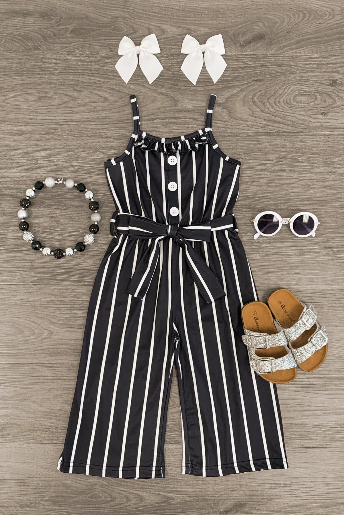 (Custom Design Preorder MOQ 5) Black Stripes Print Girls Summer Jumpsuits