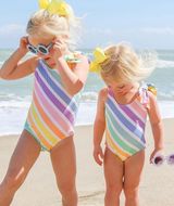 (Custom Design Preorder MOQ 5) Rainbow Stripes Print Girls 1 Piece Swimsuits